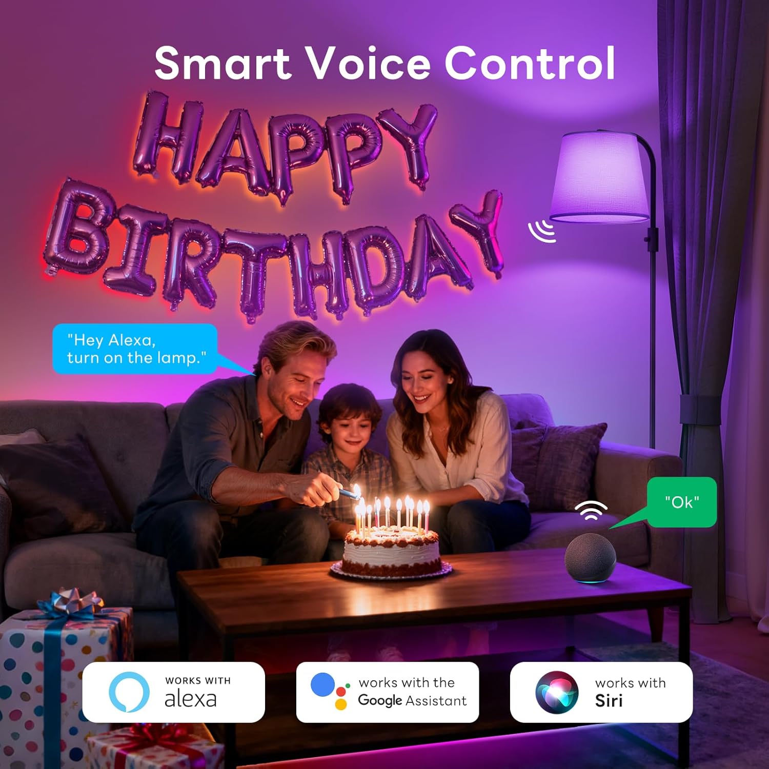 Smart Arc Floor Lamp with RGBCW Color-Changing Bulb – Voice & App Controlled Dimmable Tall Lamp for Living Room & Bedroom (Black)