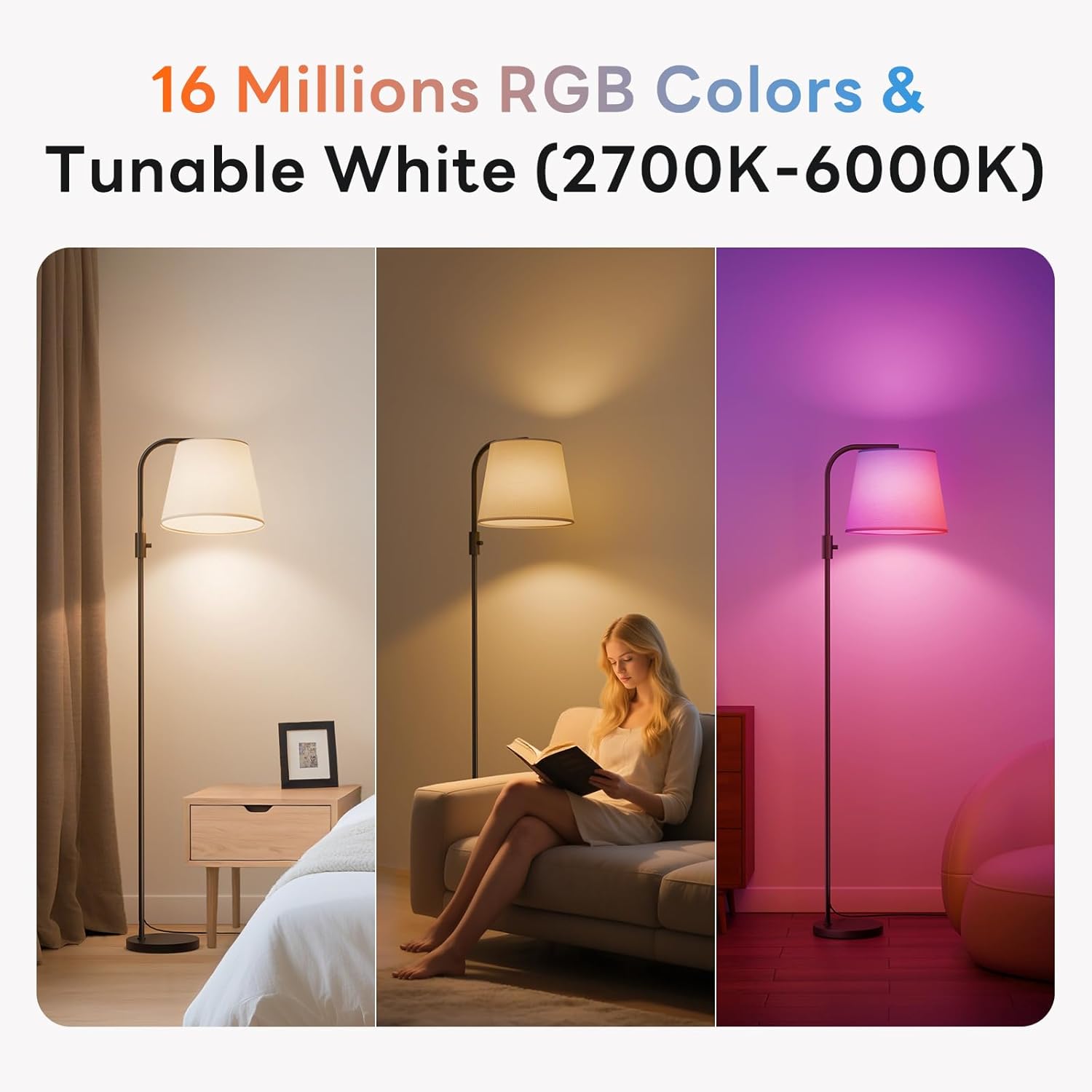 Smart Arc Floor Lamp with RGBCW Color-Changing Bulb – Voice & App Controlled Dimmable Tall Lamp for Living Room & Bedroom (Black)