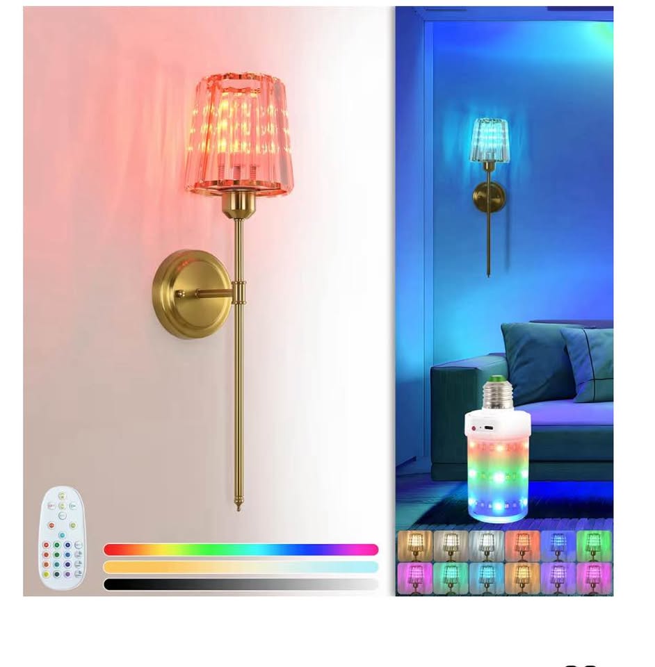 Battery Operated Wall Sconce – Gold Crystal RGB Rechargeable Wireless Wall Light (1 Pack)