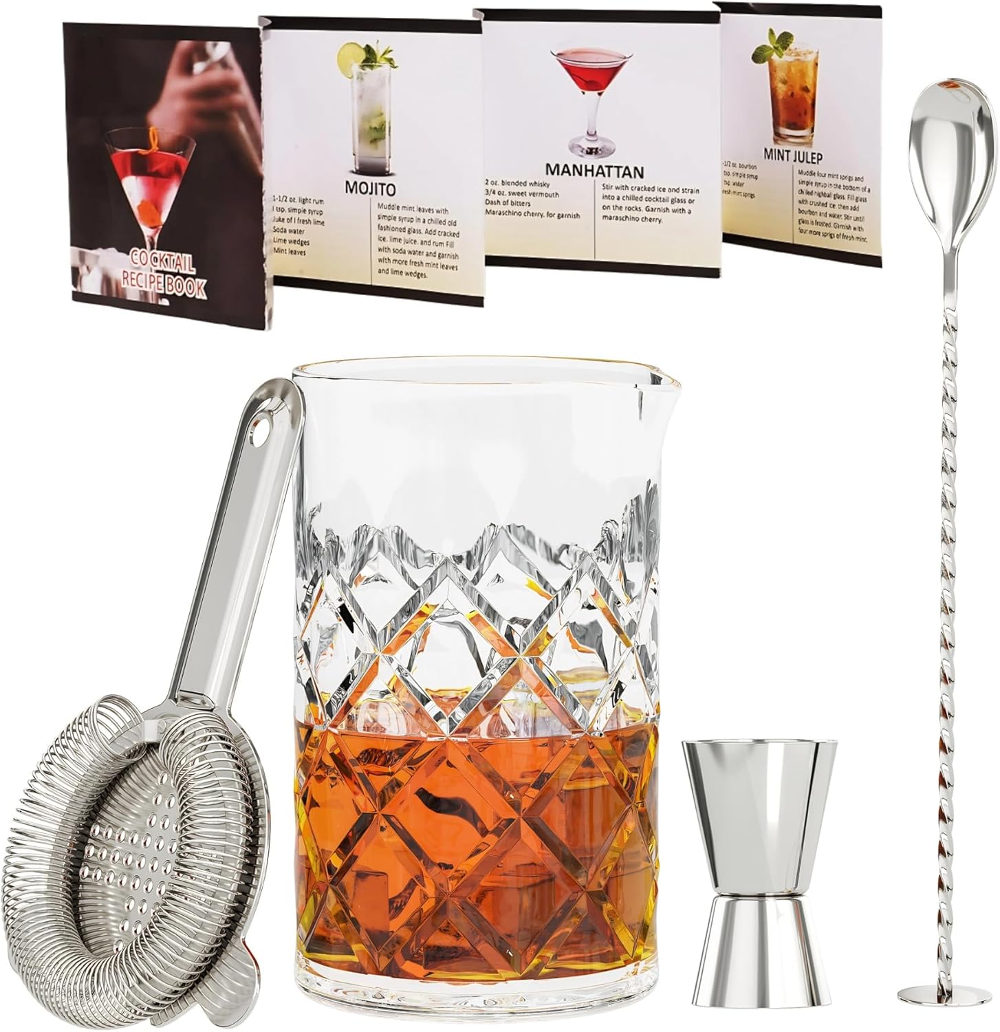 24oz Cocktail Mixing Glass Set with Bar Tools – Thick Bottom Crystal Glass, Strainer, Jigger & Spoon