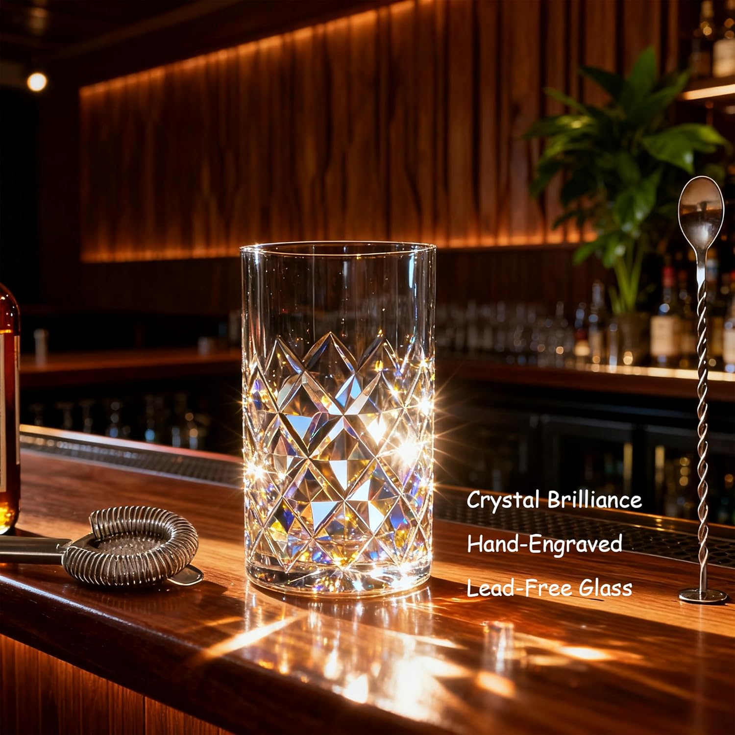 24oz Cocktail Mixing Glass Set with Bar Tools – Thick Bottom Crystal Glass, Strainer, Jigger & Spoon