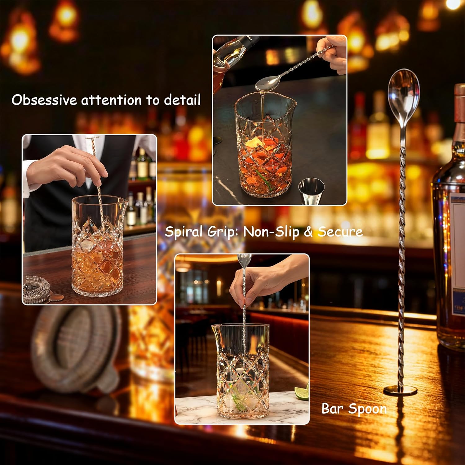 24oz Cocktail Mixing Glass Set with Bar Tools – Thick Bottom Crystal Glass, Strainer, Jigger & Spoon