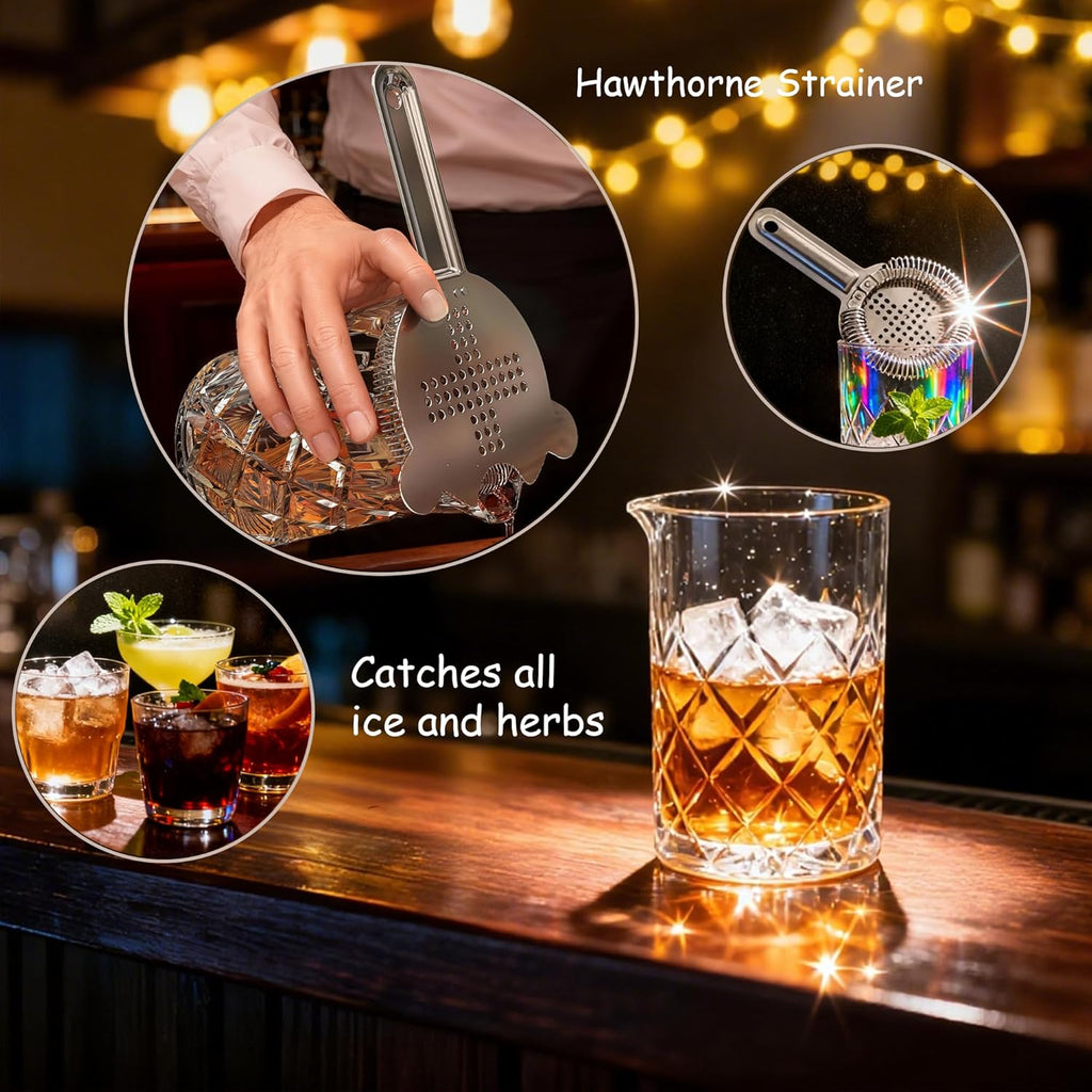 24oz Cocktail Mixing Glass Set with Bar Tools – Thick Bottom Crystal Glass, Strainer, Jigger & Spoon