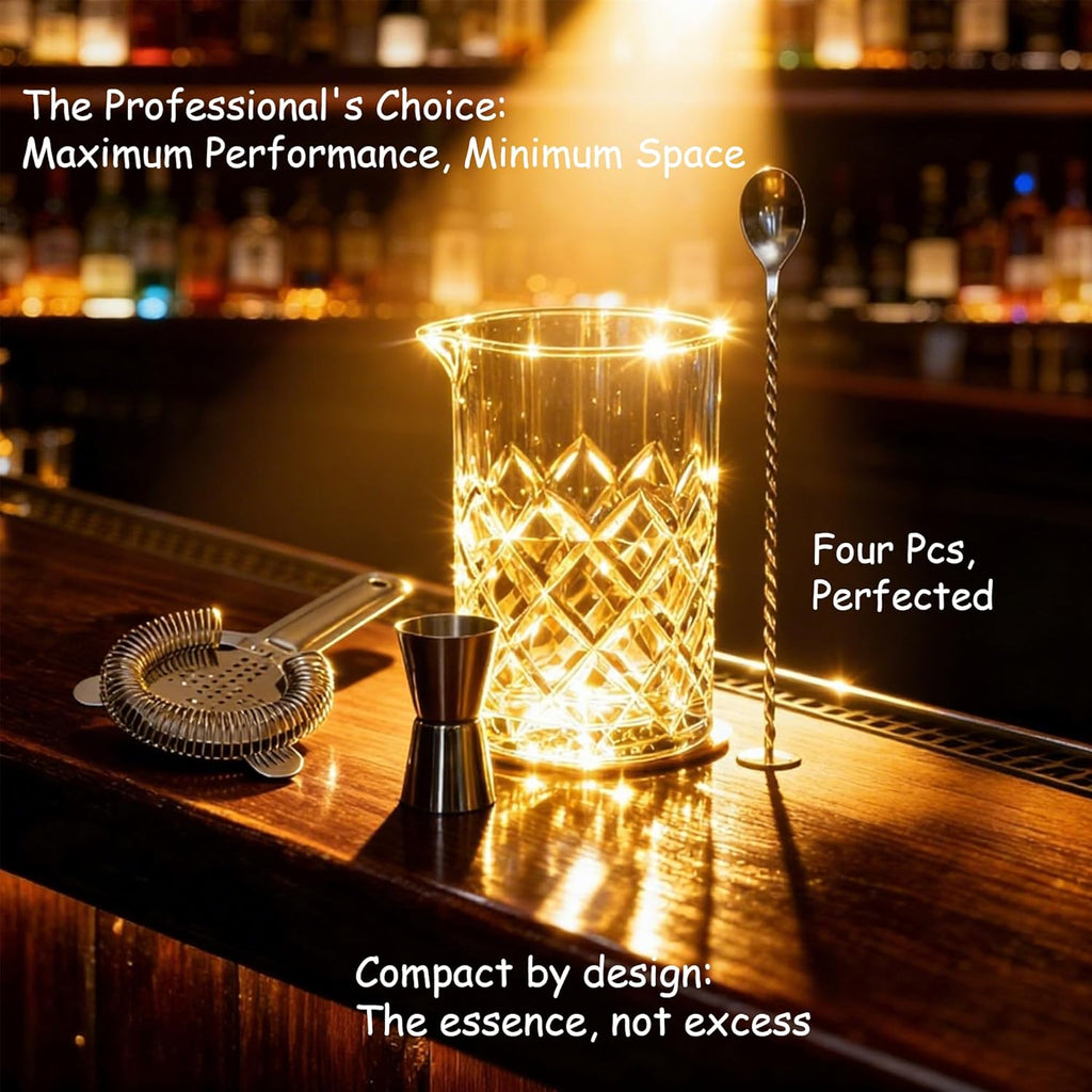 24oz Cocktail Mixing Glass Set with Bar Tools – Thick Bottom Crystal Glass, Strainer, Jigger & Spoon