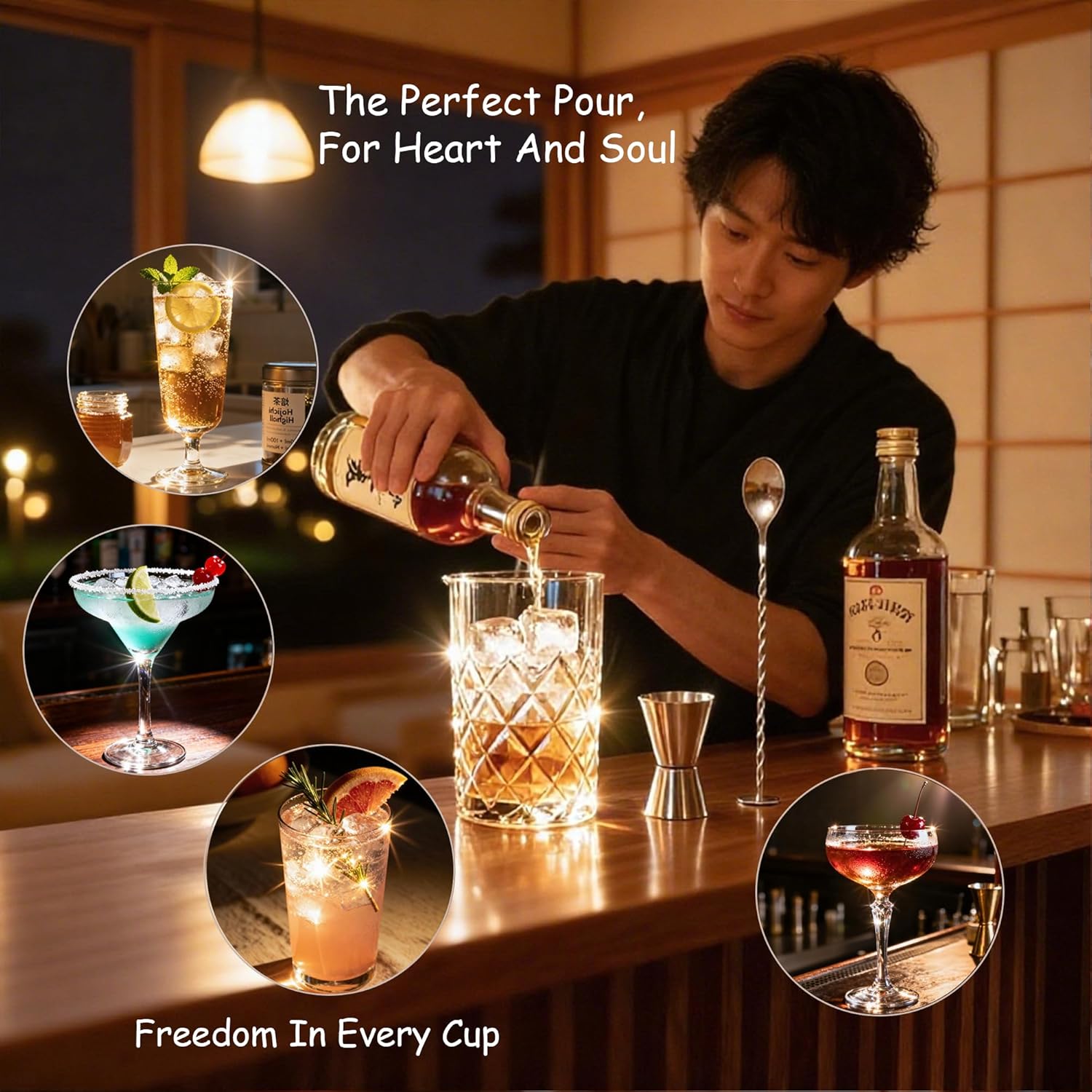 24oz Cocktail Mixing Glass Set with Bar Tools – Thick Bottom Crystal Glass, Strainer, Jigger & Spoon