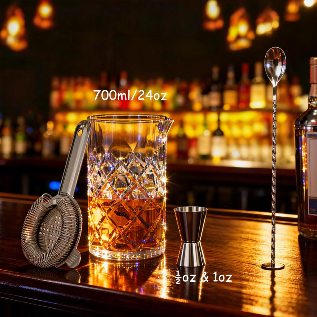 24oz Cocktail Mixing Glass Set with Bar Tools – Thick Bottom Crystal Glass, Strainer, Jigger & Spoon