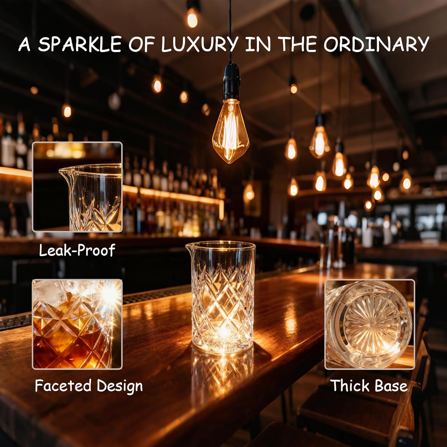 24oz Cocktail Mixing Glass Set with Bar Tools – Thick Bottom Crystal Glass, Strainer, Jigger & Spoon