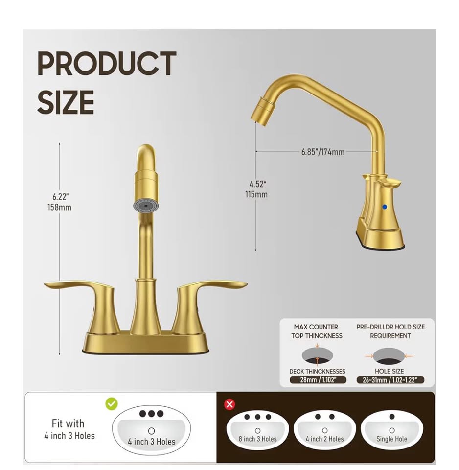 Gold Utility Sink Faucet with Pull-Out Sprayer – 3-Hole Centerset, Dual Handle, 360° Swivel Spout
