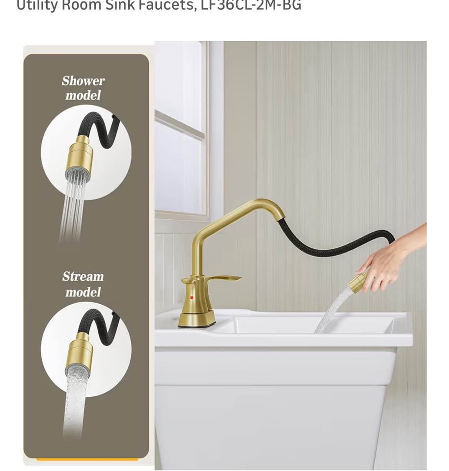 Gold Utility Sink Faucet with Pull-Out Sprayer – 3-Hole Centerset, Dual Handle, 360° Swivel Spout