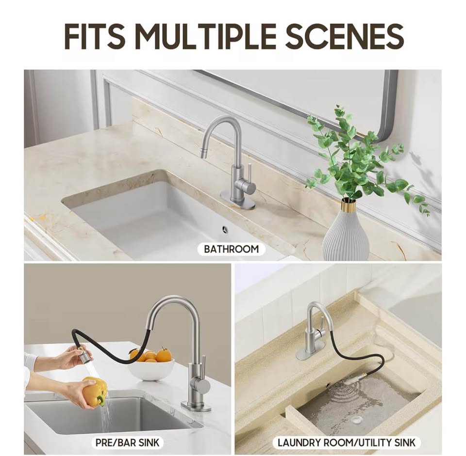 High-Arc Pull-Down Bathroom Faucet – Brushed Nickel, Single Handle, 4” Centerset / Single-Hole Compatible