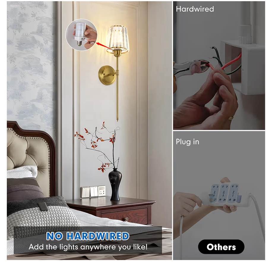 Battery Operated Wall Sconce – Gold Crystal RGB Rechargeable Wireless Wall Light (1 Pack)