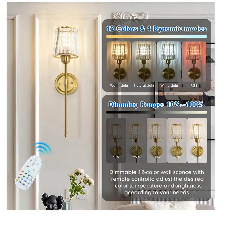 Battery Operated Wall Sconce – Gold Crystal RGB Rechargeable Wireless Wall Light (1 Pack)