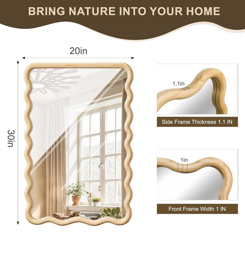 Wavy Wall Mirror 30” x 20” – Boho Wooden Frame Vanity Mirror for Bathroom, Bedroom & Living Room