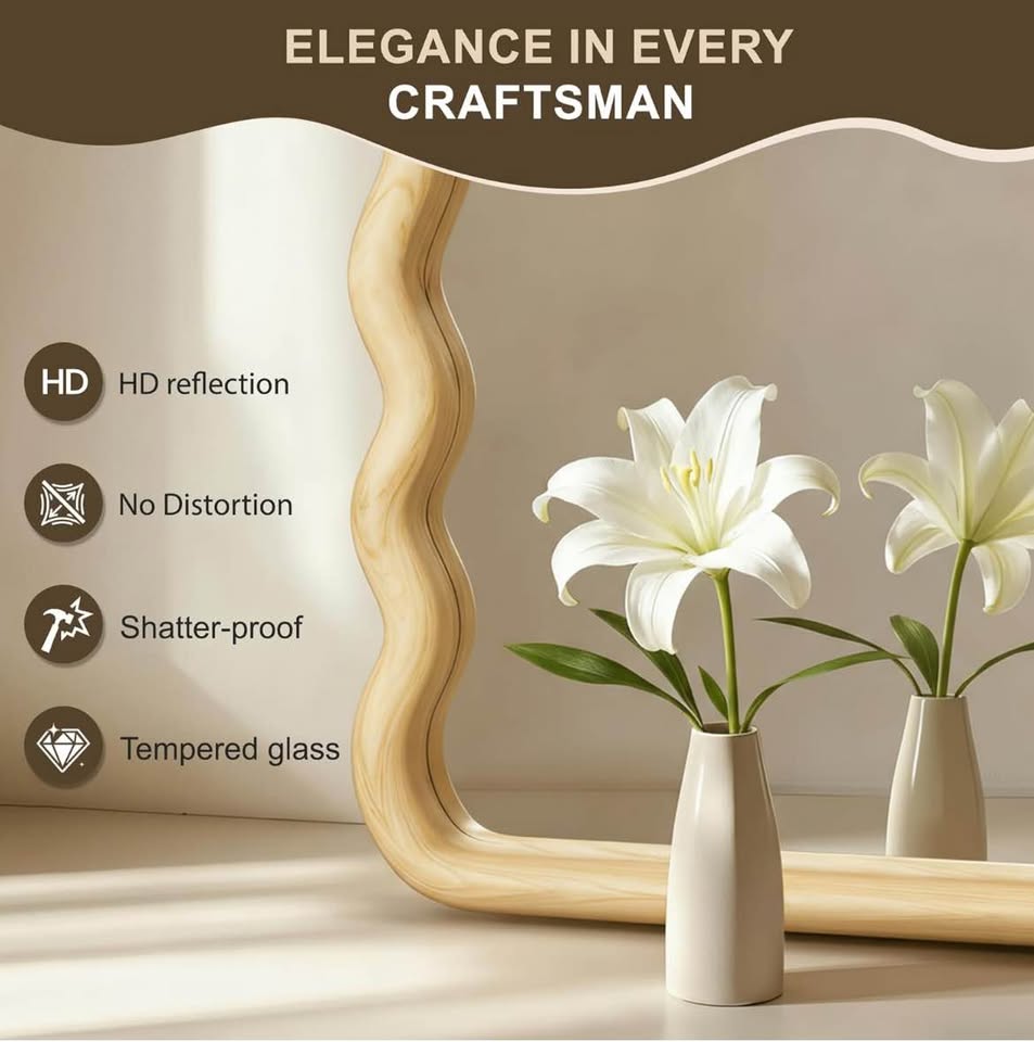 Wavy Wall Mirror 30” x 20” – Boho Wooden Frame Vanity Mirror for Bathroom, Bedroom & Living Room