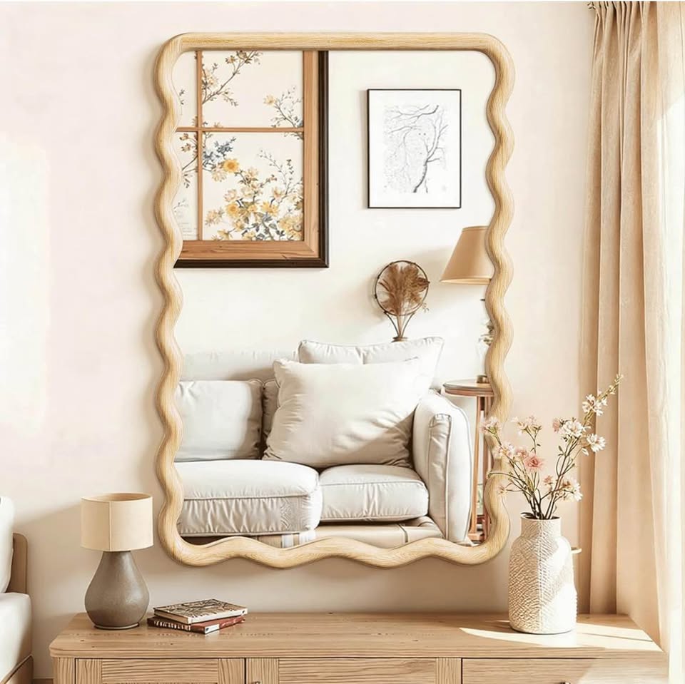 Wavy Wall Mirror 30” x 20” – Boho Wooden Frame Vanity Mirror for Bathroom, Bedroom & Living Room